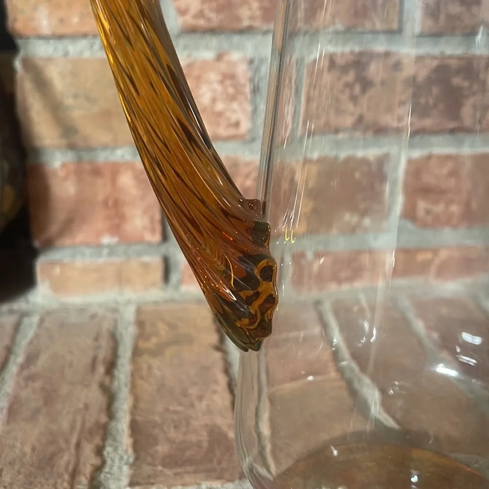 Stunning MCM Mid-Century Tall Pitcher w/ Amber Applied Glass Handle & 4 Glasses